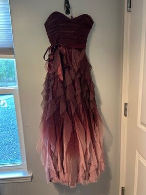 Strapless Ombre Ruffle Prom Dress in Burgundy and Blush